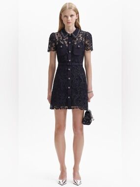 SELF PORTRAIT NWOT Black Lace Button Front Mini Dress, Sz 4